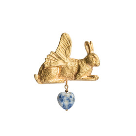 брошь «крылатый заяц» с подвеской- сердцем из апатита
